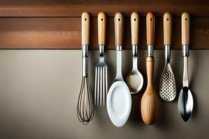 kitchen utensils on wooden shelf. AI-Generated photo