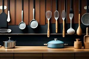a kitchen with many utensils and pots on a shelf. AI-Generated photo