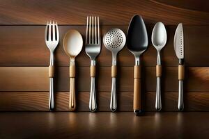 a set of silverware on a wooden table. AI-Generated photo