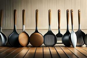 a row of different utensils lined up on a wooden table. AI-Generated photo