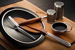 a wooden cutting board with utensils and a coffee cup. AI-Generated photo
