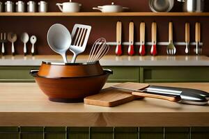 a kitchen with utensils and a wooden cutting board. AI-Generated photo
