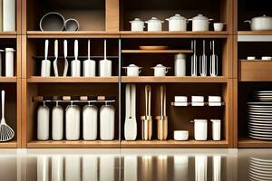 kitchen cabinet with utensils and dishes on shelves. AI-Generated photo