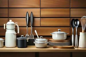 a kitchen with many different utensils and pots. AI-Generated photo