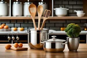 kitchen utensils and pots on a wooden table. AI-Generated photo