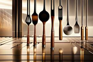 a group of utensils hanging from a ceiling. AI-Generated photo