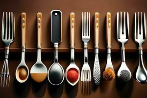 a group of different utensils are arranged on a shelf. AI-Generated photo