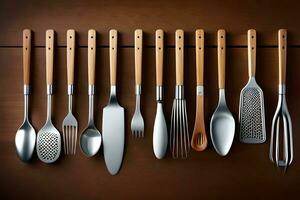 a group of utensils are arranged on a wooden surface. AI-Generated photo