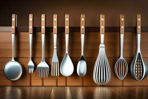a row of utensils are lined up on a wooden shelf. AI-Generated photo