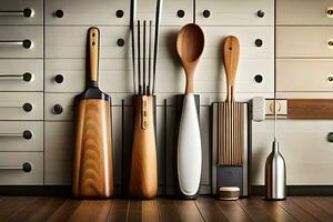 a kitchen with many different utensils and spoons. AI-Generated photo