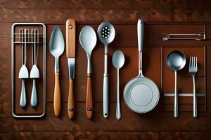 a collection of utensils arranged on a wooden surface. AI-Generated photo