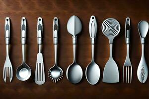 a collection of silverware on a wooden surface. AI-Generated photo