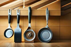 a group of four different cooking utensils are lined up on a wooden counter. AI-Generated photo