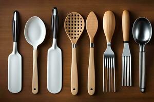 a collection of utensils on a wooden surface. AI-Generated photo