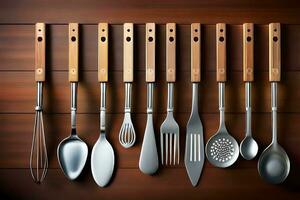 a collection of utensils on a wooden table. AI-Generated photo