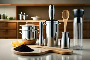 a kitchen with a blender, food processor, and other kitchen utensils. AI-Generated photo