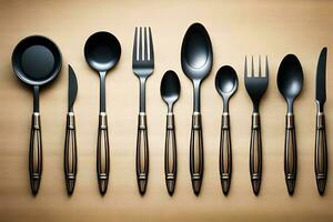 a set of black and silver utensils on a wooden surface. AI-Generated photo