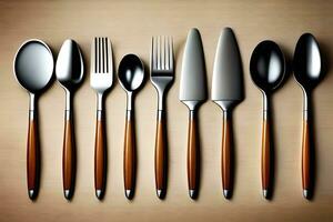 a set of silverware with wooden handles. AI-Generated photo