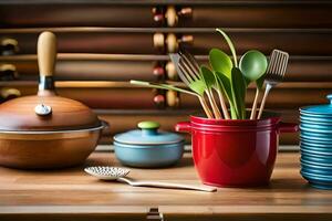 un de madera mesa con ollas y sartenes, utensilios y un de madera cuchara. generado por ai foto