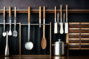 a kitchen with utensils and spoons on a shelf. AI-Generated photo