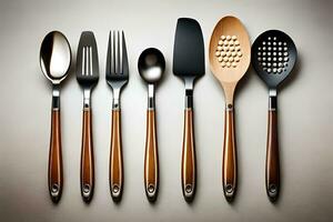 cinco diferente tipos de utensilios son mostrado en esta foto. generado por ai foto
