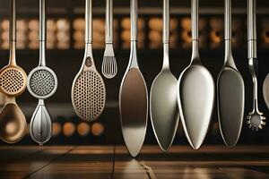 a group of different utensils hanging from a rack. AI-Generated photo