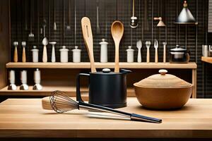 kitchen utensils on wooden counter. AI-Generated photo