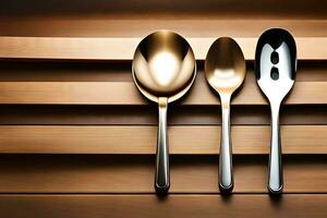 three spoons and a fork on a wooden surface. AI-Generated photo