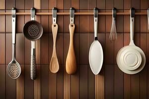 a group of utensils hanging on a wall. AI-Generated photo