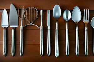 a collection of silverware on a wooden table. AI-Generated photo