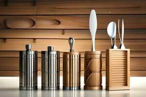 a set of utensils in a wooden holder. AI-Generated photo