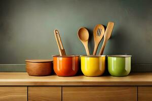 colorful kitchen utensils on a wooden counter. AI-Generated photo