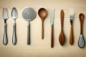 a collection of utensils on a wooden surface. AI-Generated photo