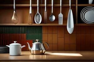 kitchen utensils on a shelf in a kitchen. AI-Generated photo