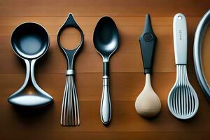 a collection of kitchen utensils on a wooden surface. AI-Generated photo