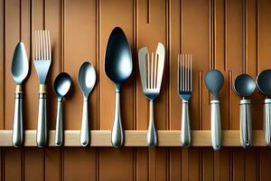 a row of different utensils on a shelf. AI-Generated photo
