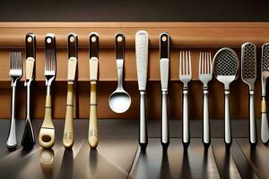 a collection of utensils are lined up on a shelf. AI-Generated photo