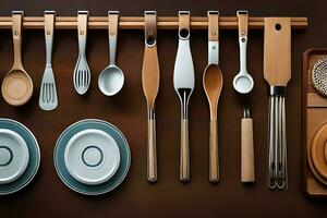 a set of utensils and plates are arranged on a wooden shelf. AI-Generated photo