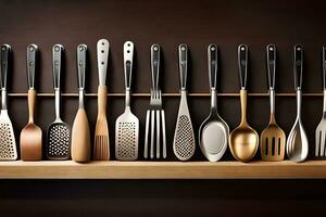 a shelf with many different utensils on it. AI-Generated photo