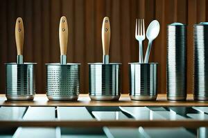 a group of silver canisters with wooden spoons and forks. AI-Generated photo