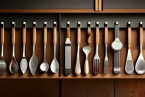 a shelf with many different utensils on it. AI-Generated photo