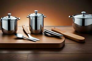 a wooden cutting board with silver pots and spoons. AI-Generated photo