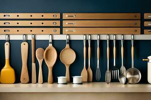 un cocina con muchos utensilios colgando en un pared. generado por ai foto