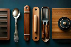 a variety of utensils and spoons on a cutting board. AI-Generated photo