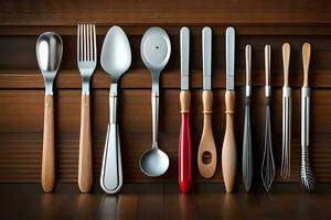 a collection of utensils on a wooden surface. AI-Generated photo