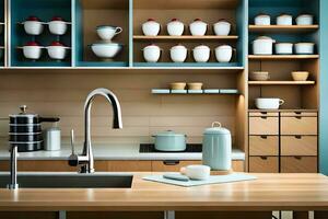 a kitchen with blue cabinets and a sink. AI-Generated photo