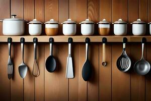 kitchen utensils hanging on a wooden shelf. AI-Generated photo