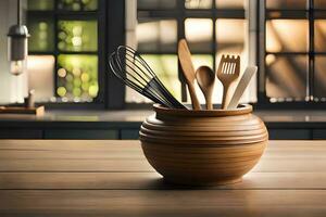 a wooden bowl with utensils in it on a table. AI-Generated photo