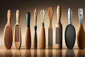 a group of wooden utensils are lined up on a table. AI-Generated photo