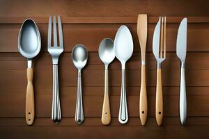 a collection of silverware on a wooden table. AI-Generated photo